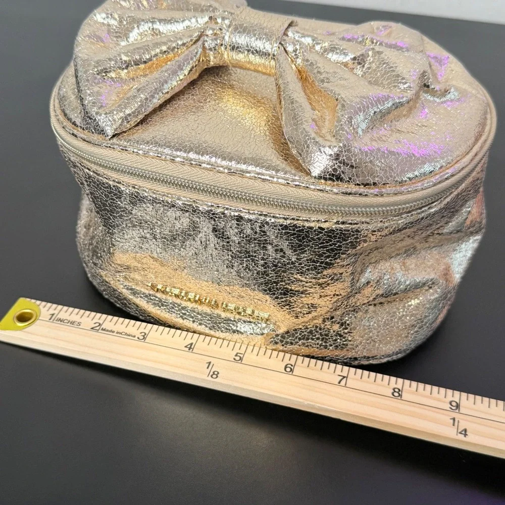 Victoria's Secret Cosmetic Bag Gold Metallic Crackle Bow Vanity Case Makeup Bag